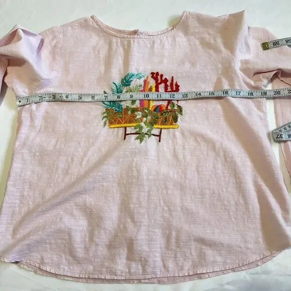 Girls Pink Hand Made Embroidered Long Sleeve Shirt Floral Plants Sz XL-XXL - Picture 8 of 11